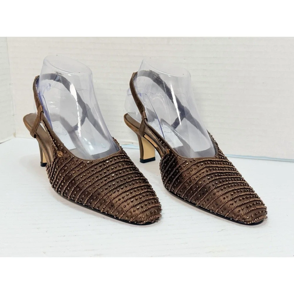 Dolce by Pierre Eleganza Women's Bronze‎ Beaded Slingback Heels Size 7.5M